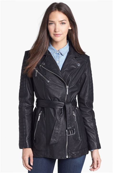 michael kors leather belted moto jacket|Michael Kors black moto jacket.